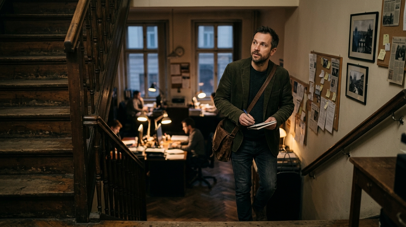 Redaktorka stoupá po dřevěném schodišti v pražském redakčním domě za soumraku.